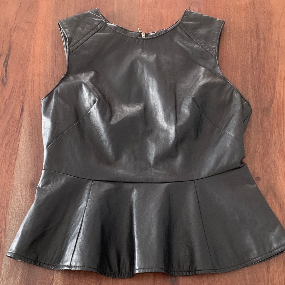 Black Faux Leather Peplum Top, Sz M